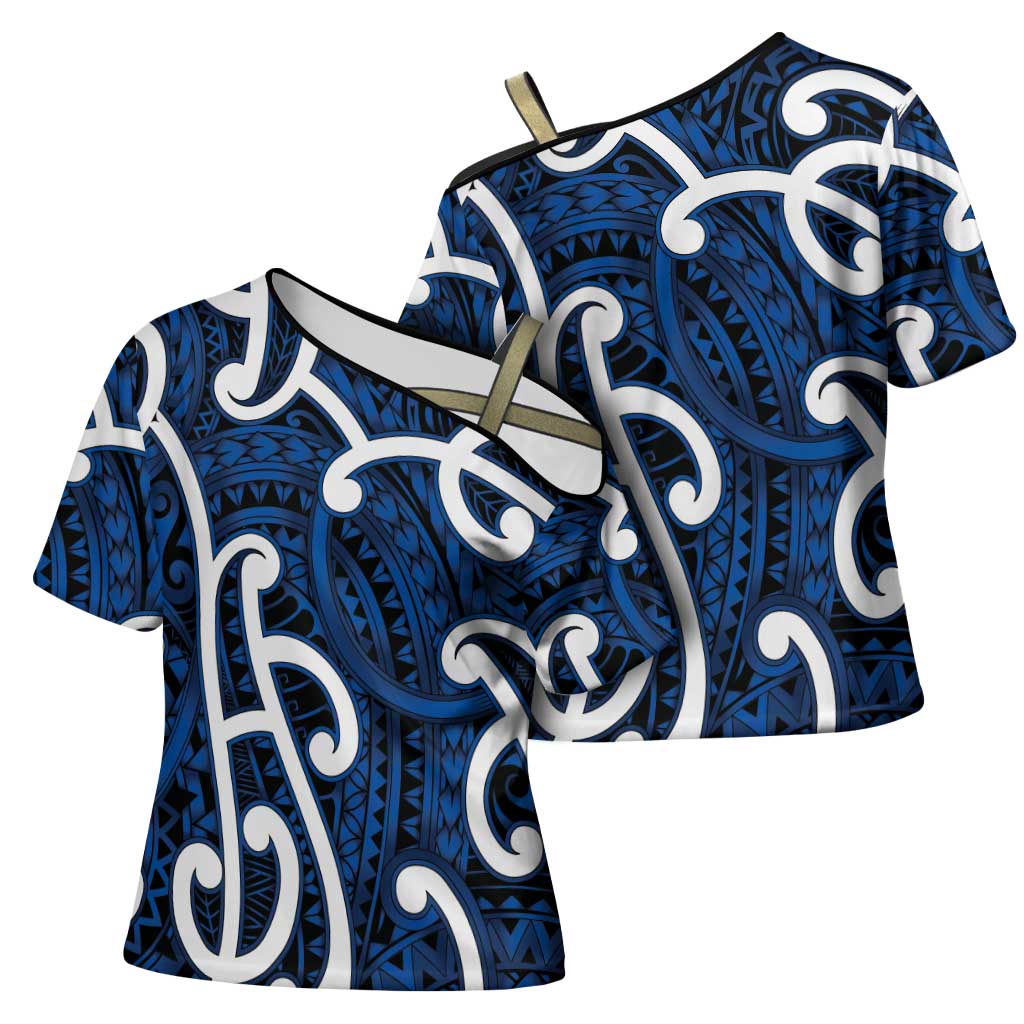 Aotearoa Maori Kowhaiwhai Cross Shoulder Shirt Kikorangi Puhoro and Patiki LT9 - Polynesian Pride