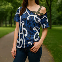 Aotearoa Maori Kowhaiwhai Cross Shoulder Shirt Kikorangi Puhoro and Patiki LT9 - Polynesian Pride