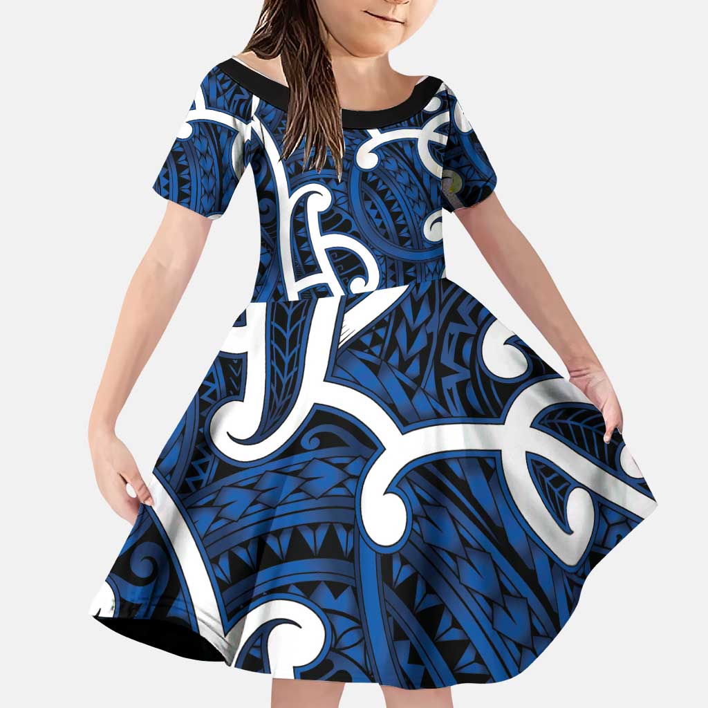 Aotearoa Maori Kowhaiwhai Family Matching Off Shoulder Maxi Dress and Hawaiian Shirt Kikorangi Puhoro and Patiki LT9 Daughter's Dress Blue - Polynesian Pride
