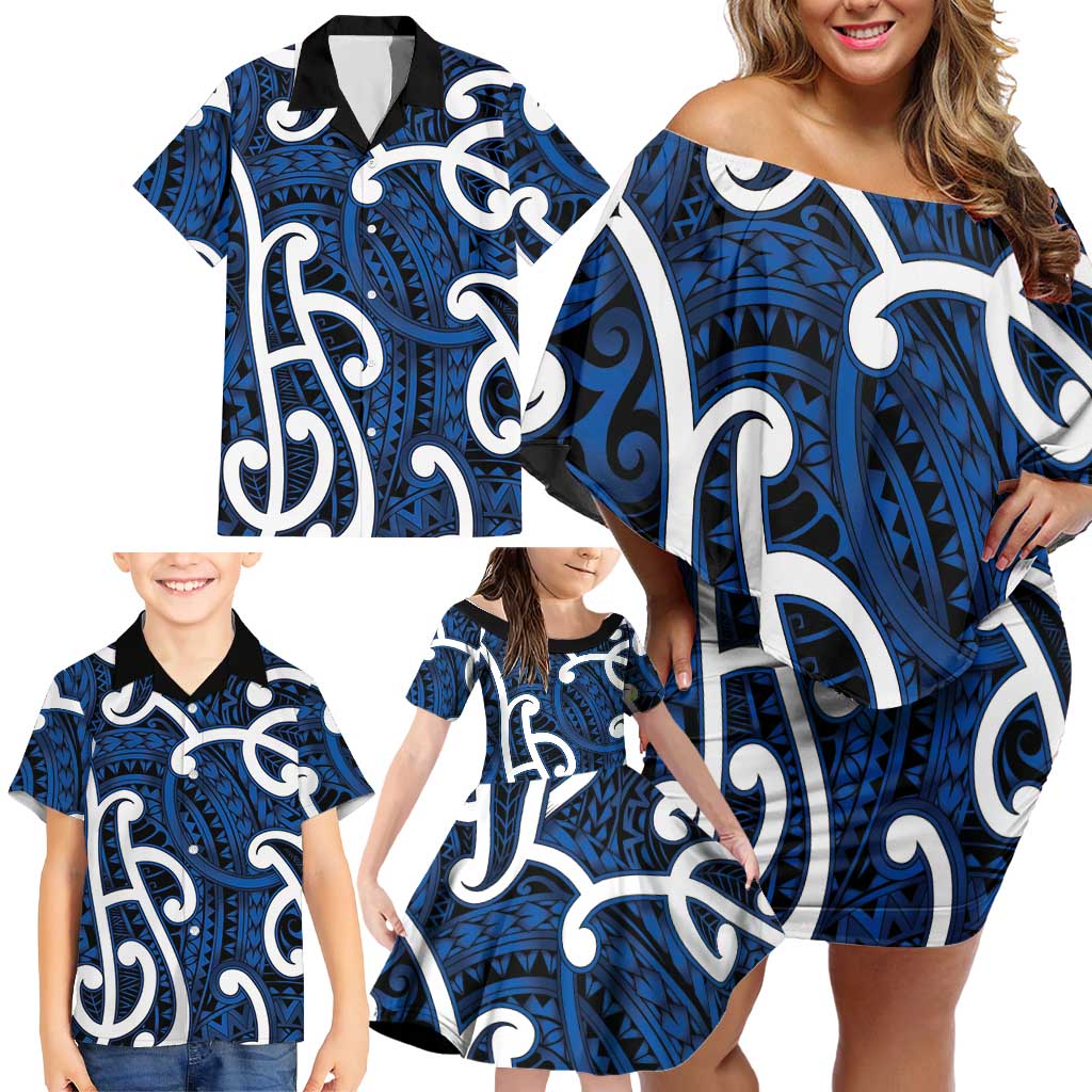 Aotearoa Maori Kowhaiwhai Family Matching Off Shoulder Short Dress and Hawaiian Shirt Kikorangi Puhoro and Patiki LT9 - Polynesian Pride