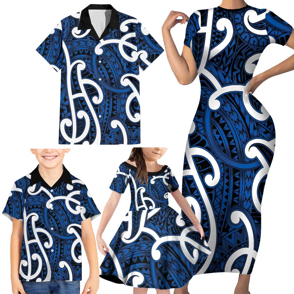 Aotearoa Maori Kowhaiwhai Family Matching Short Sleeve Bodycon Dress and Hawaiian Shirt Kikorangi Puhoro and Patiki LT9 - Polynesian Pride