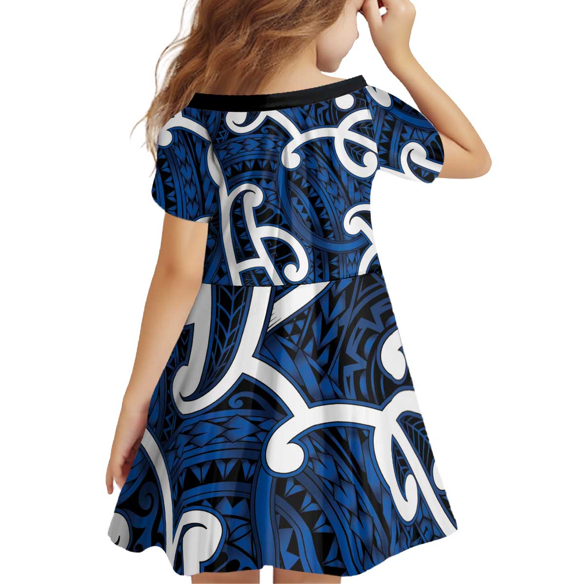 Aotearoa Maori Kowhaiwhai Kid Short Sleeve Dress Kikorangi Puhoro and Patiki LT9 - Polynesian Pride