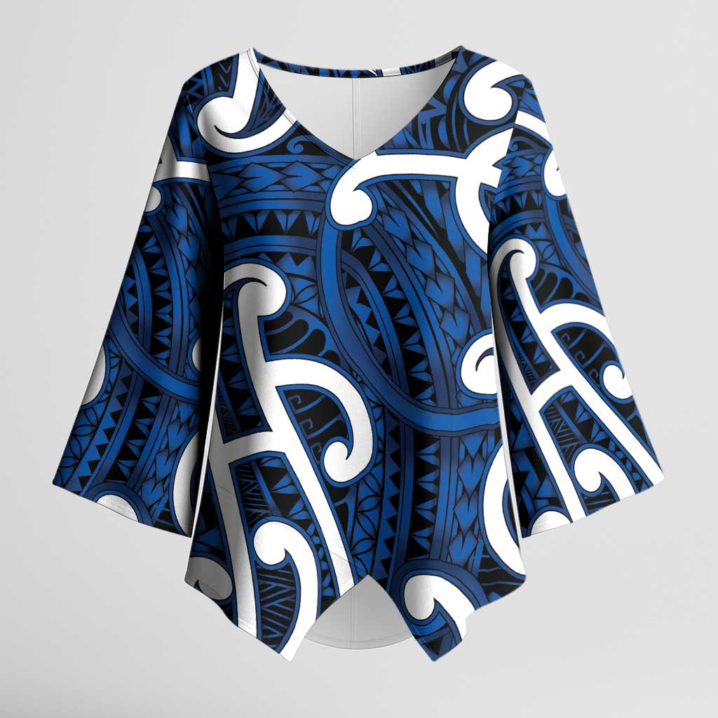 Aotearoa Maori Kowhaiwhai Kimono Sleeve Blouse Kikorangi Puhoro and Patiki LT9 Female Blue - Polynesian Pride