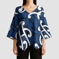Aotearoa Maori Kowhaiwhai Kimono Sleeve Blouse Kikorangi Puhoro and Patiki LT9 - Polynesian Pride