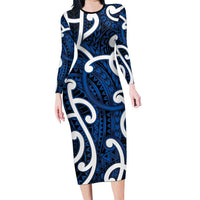 Aotearoa Maori Kowhaiwhai Long Sleeve Bodycon Dress Kikorangi Puhoro and Patiki LT9 Long Dress Blue - Polynesian Pride