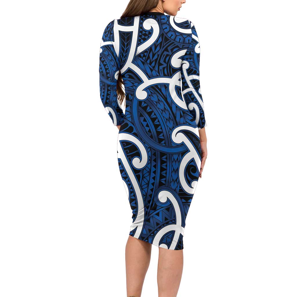 Aotearoa Maori Kowhaiwhai Long Sleeve Bodycon Dress Kikorangi Puhoro and Patiki LT9 - Polynesian Pride