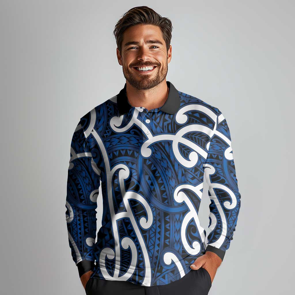 Aotearoa Maori Kowhaiwhai Long Sleeve Polo Shirt Kikorangi Puhoro and Patiki
