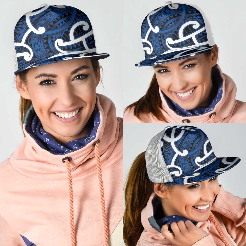 Aotearoa Maori Kowhaiwhai Mesh Trucker Cap Kikorangi Puhoro and Patiki