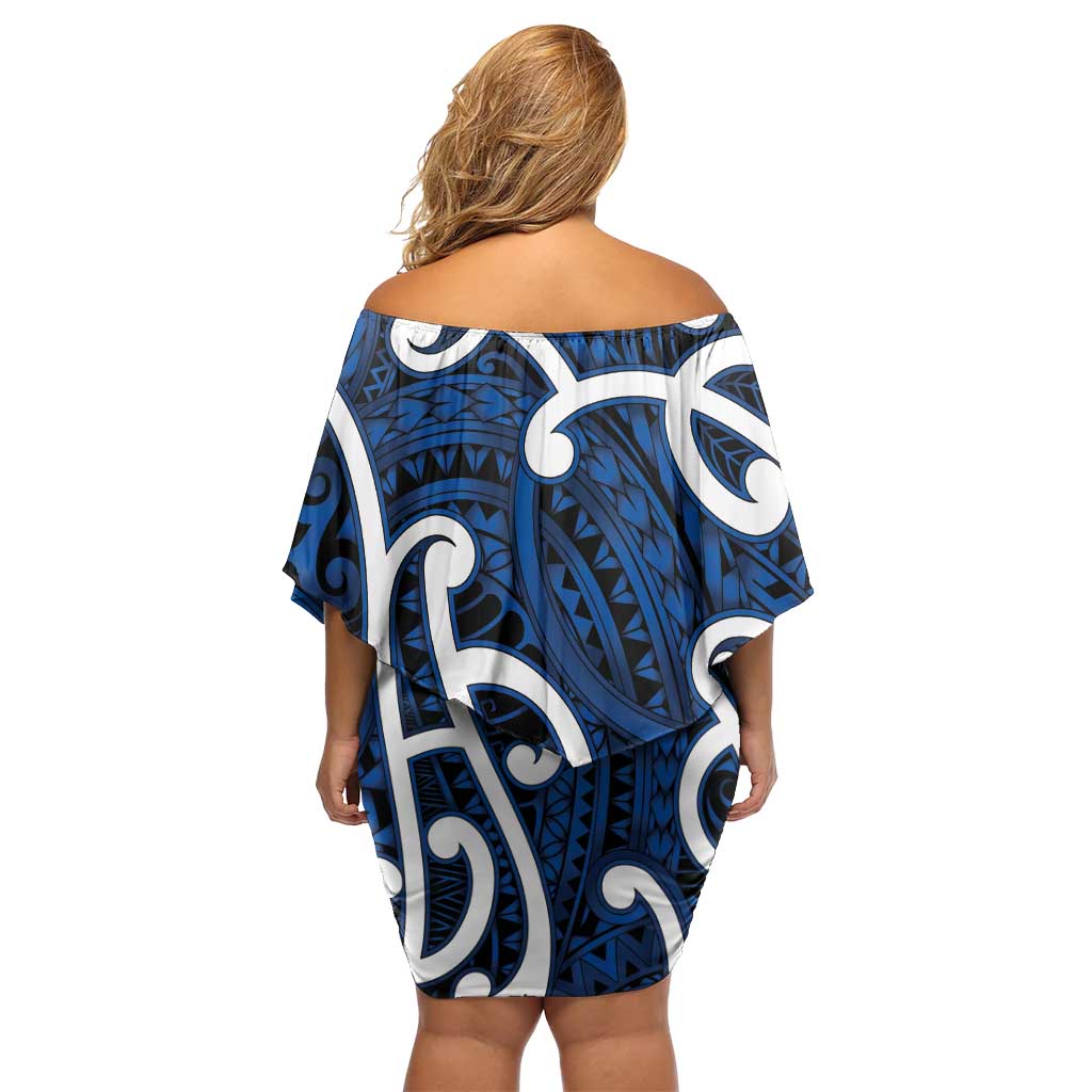 Aotearoa Maori Kowhaiwhai Off Shoulder Short Dress Kikorangi Puhoro and Patiki LT9 - Polynesian Pride