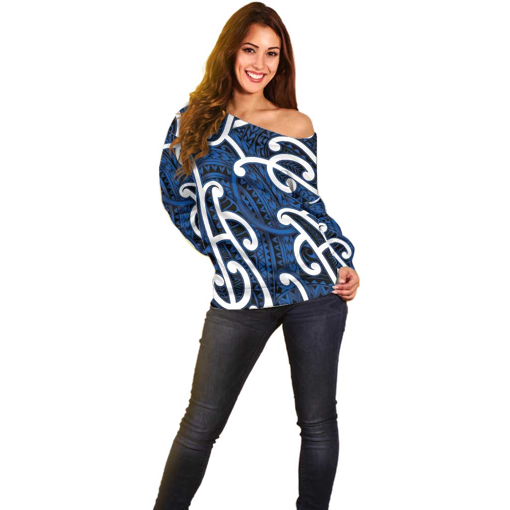 Aotearoa Maori Kowhaiwhai Off Shoulder Sweater Kikorangi Puhoro and Patiki