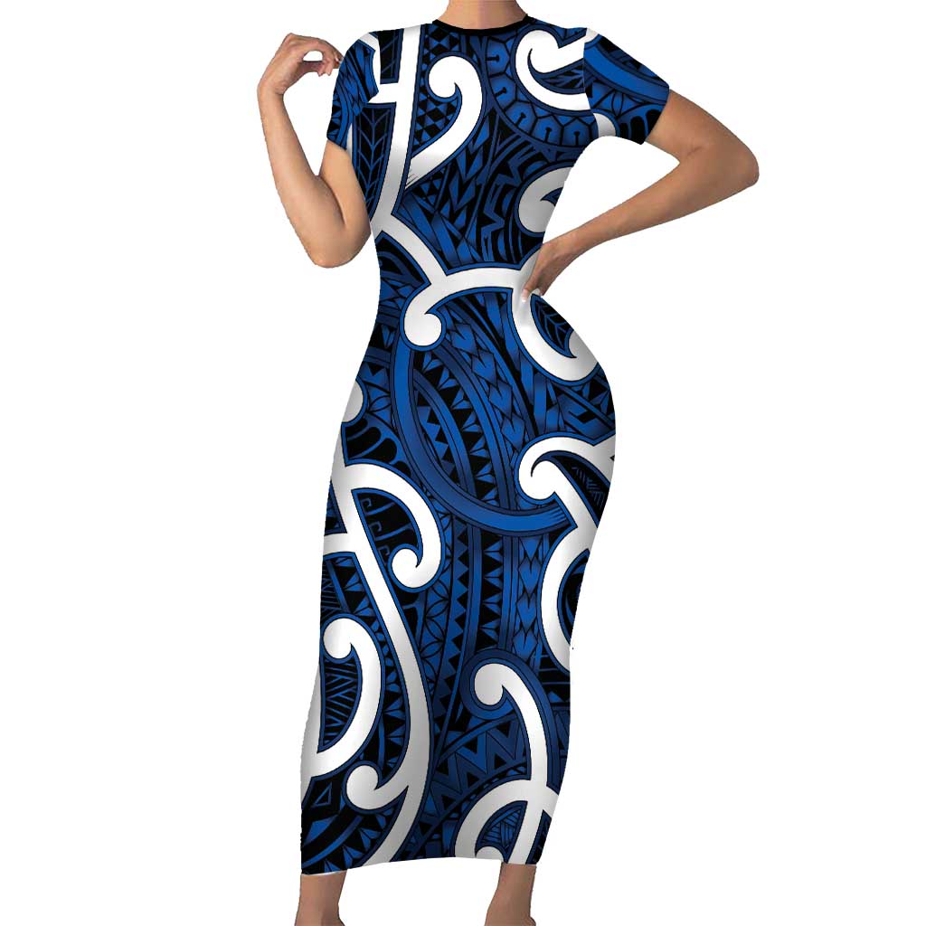 Aotearoa Maori Kowhaiwhai Short Sleeve Bodycon Dress Kikorangi Puhoro and Patiki LT9 Long Dress Blue - Polynesian Pride