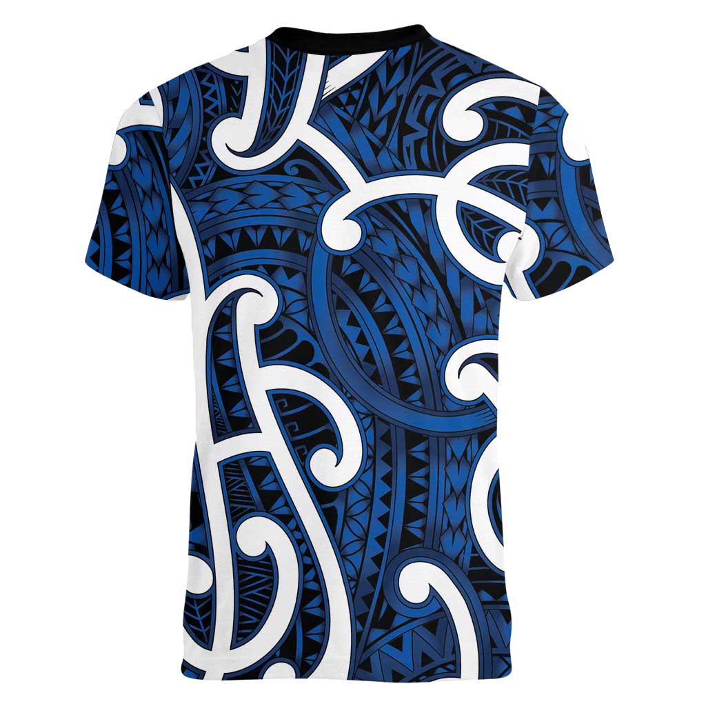 Aotearoa Maori Kowhaiwhai Women V-Neck T-Shirt Kikorangi Puhoro and Patiki