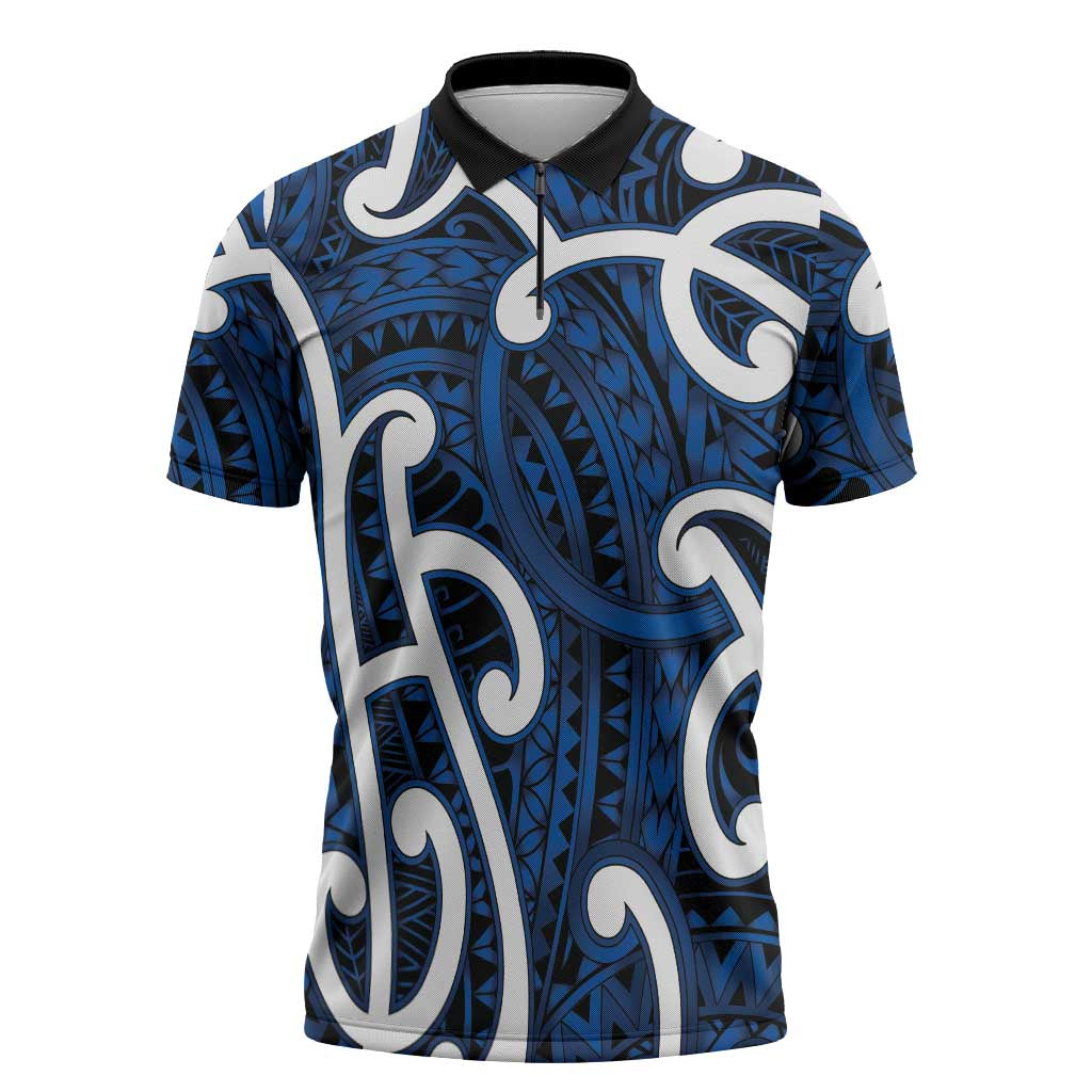 Aotearoa Maori Kowhaiwhai Zipper Polo Shirt Kikorangi Puhoro and Patiki