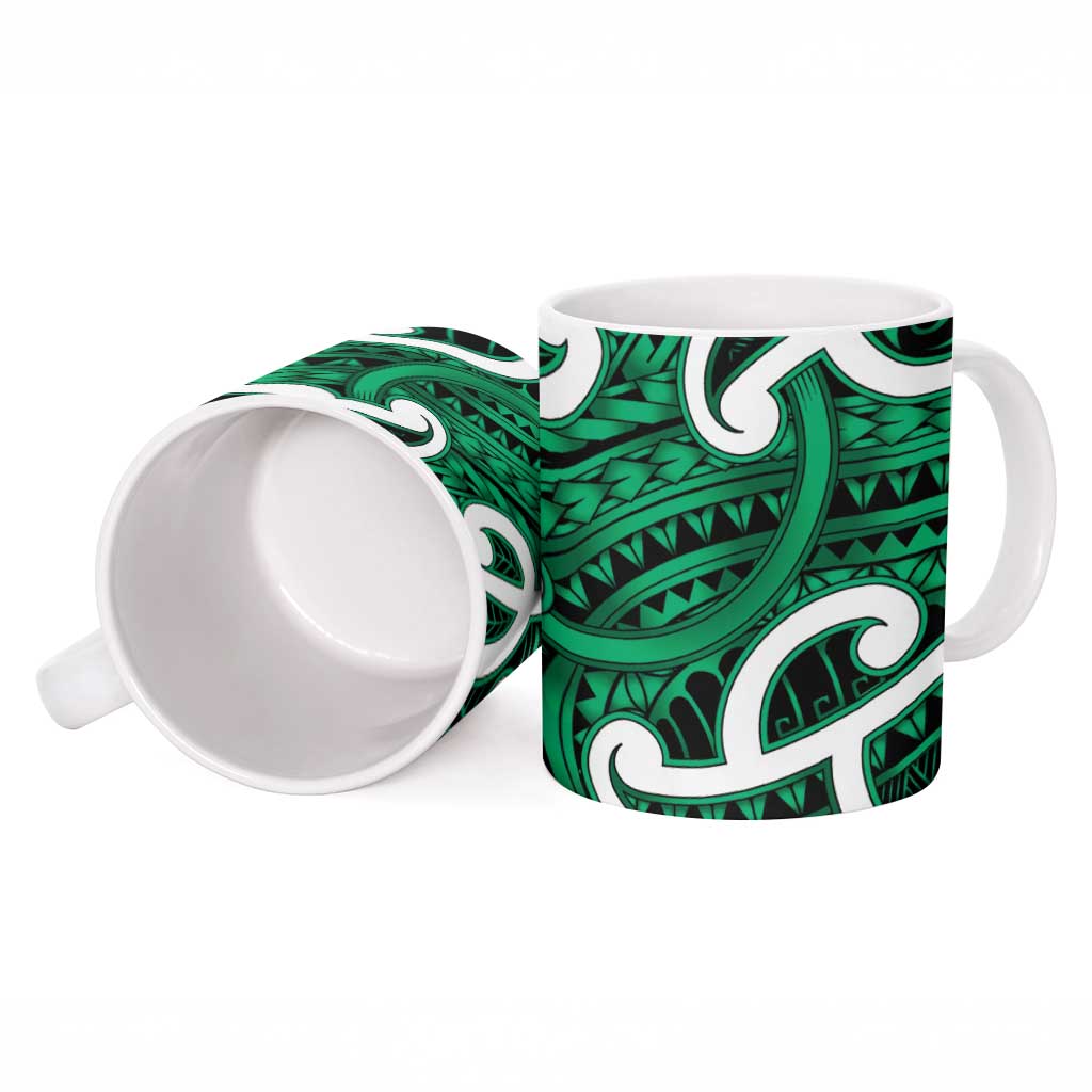 Aotearoa Maori Kowhaiwhai Ceramic Mug Kakariki Puhoro and Patiki