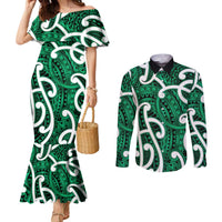 Aotearoa Maori Kowhaiwhai Couples Matching Mermaid Dress and Long Sleeve Button Shirt Kakariki Puhoro and Patiki