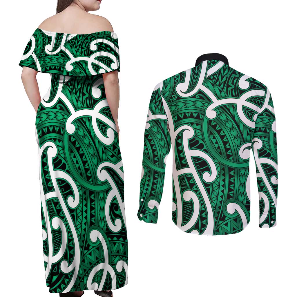 Aotearoa Maori Kowhaiwhai Couples Matching Off Shoulder Maxi Dress and Long Sleeve Button Shirt Kakariki Puhoro and Patiki LT9 - Polynesian Pride