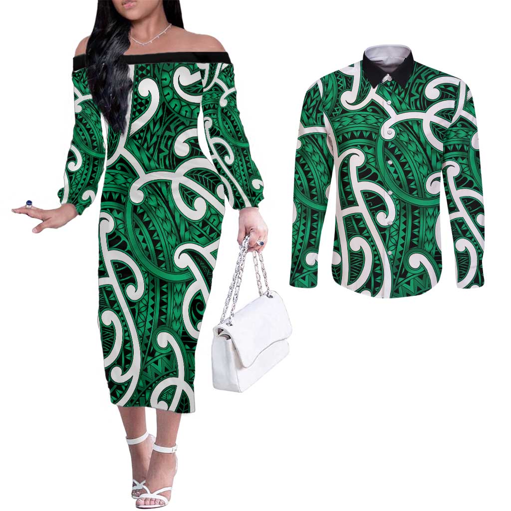 Aotearoa Maori Kowhaiwhai Couples Matching Off The Shoulder Long Sleeve Dress and Long Sleeve Button Shirt Kakariki Puhoro and Patiki LT9 Green - Polynesian Pride