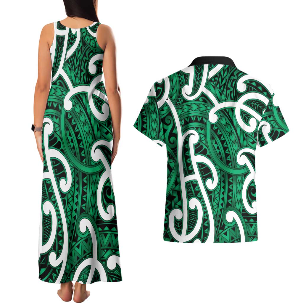 Aotearoa Maori Kowhaiwhai Couples Matching Tank Maxi Dress and Hawaiian Shirt Kakariki Puhoro and Patiki