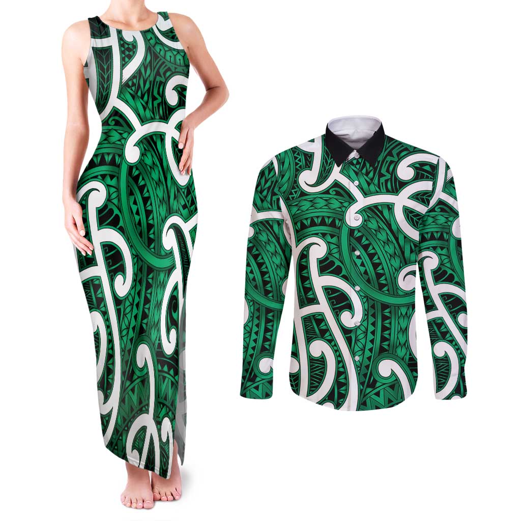 Aotearoa Maori Kowhaiwhai Couples Matching Tank Maxi Dress and Long Sleeve Button Shirt Kakariki Puhoro and Patiki