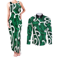 Aotearoa Maori Kowhaiwhai Couples Matching Tank Maxi Dress and Long Sleeve Button Shirt Kakariki Puhoro and Patiki