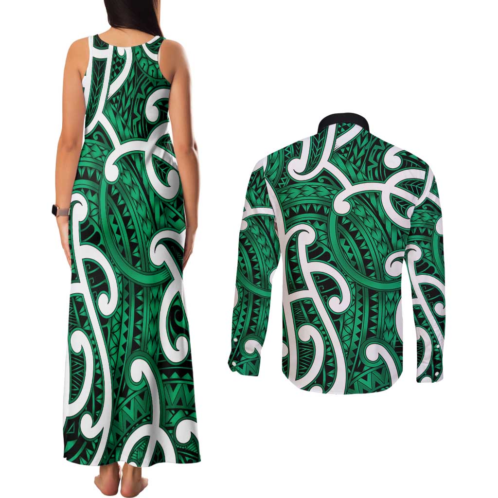 Aotearoa Maori Kowhaiwhai Couples Matching Tank Maxi Dress and Long Sleeve Button Shirt Kakariki Puhoro and Patiki