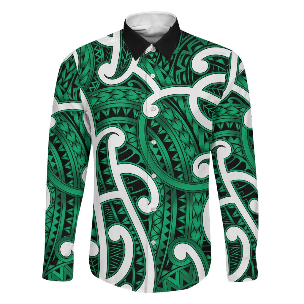 Aotearoa Maori Kowhaiwhai Family Matching Off The Shoulder Long Sleeve Dress and Hawaiian Shirt Kakariki Puhoro and Patiki LT9 Dad's Shirt - Long Sleeve Green - Polynesian Pride