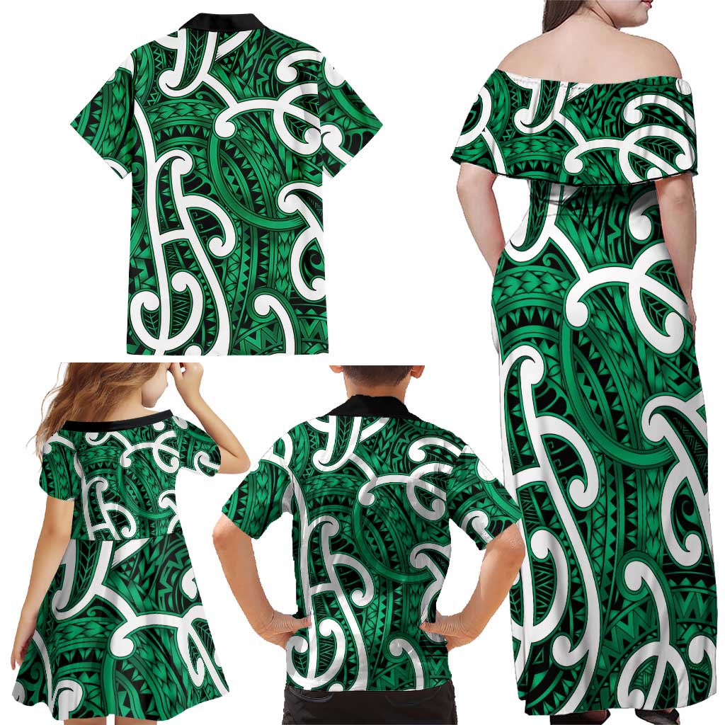 Aotearoa Maori Kowhaiwhai Family Matching Off Shoulder Maxi Dress and Hawaiian Shirt Kakariki Puhoro and Patiki LT9 - Polynesian Pride