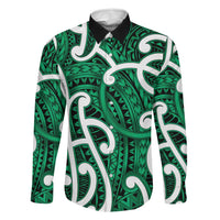 Aotearoa Maori Kowhaiwhai Family Matching Off Shoulder Maxi Dress and Hawaiian Shirt Kakariki Puhoro and Patiki LT9 Dad's Shirt - Long Sleeve Green - Polynesian Pride