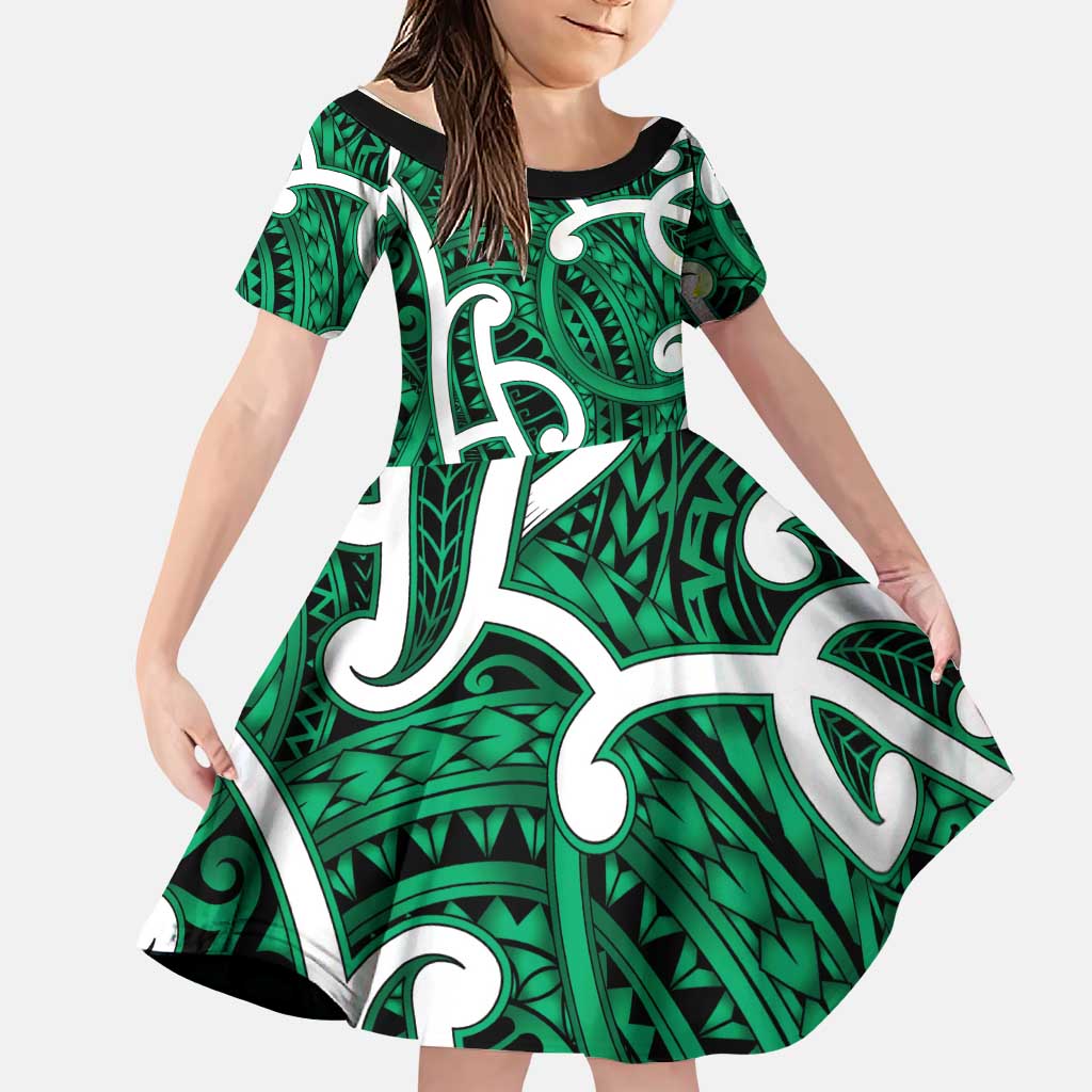 Aotearoa Maori Kowhaiwhai Family Matching Off Shoulder Short Dress and Hawaiian Shirt Kakariki Puhoro and Patiki LT9 Daughter's Dress Green - Polynesian Pride