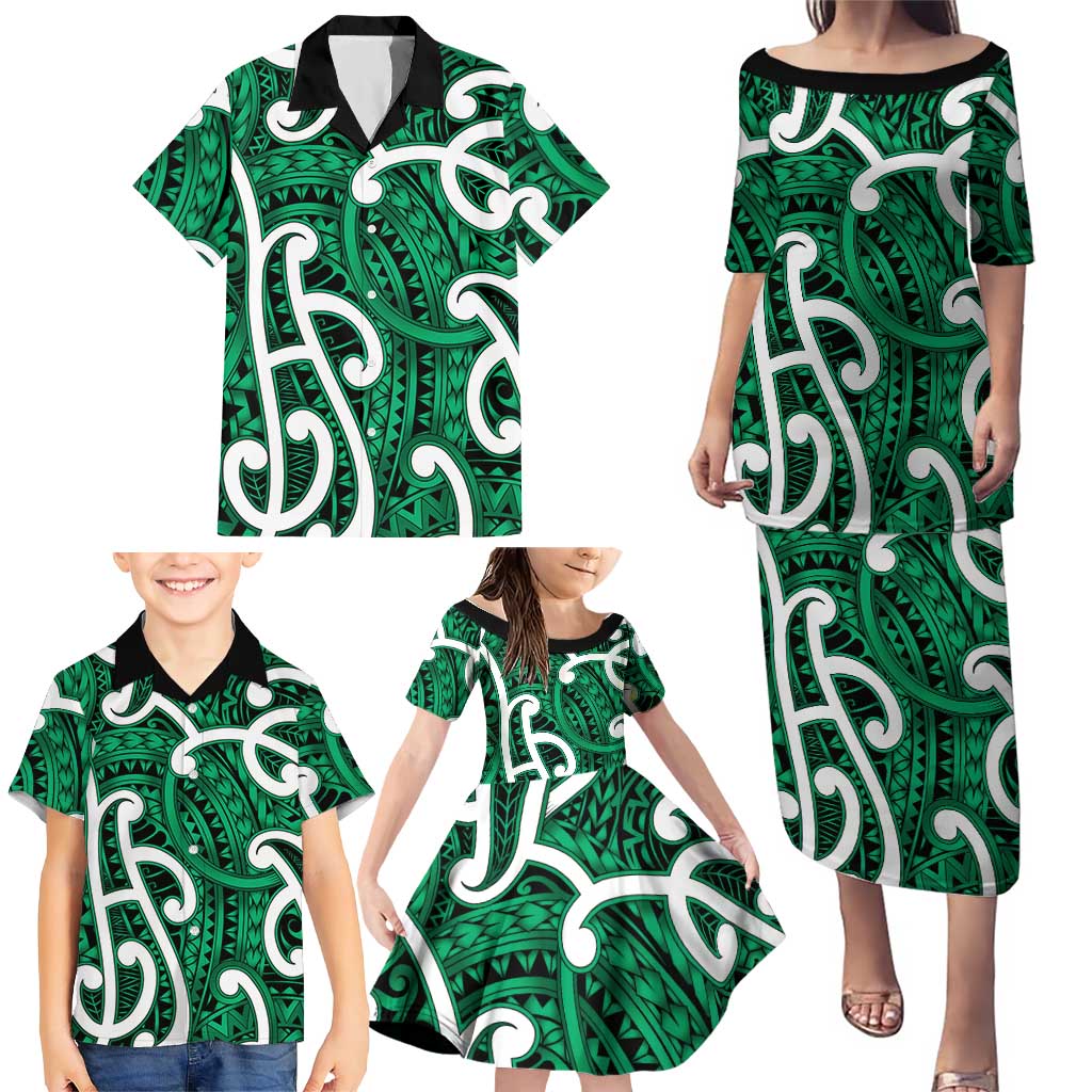 Aotearoa Maori Kowhaiwhai Family Matching Puletasi and Hawaiian Shirt Kakariki Puhoro and Patiki LT9 - Polynesian Pride