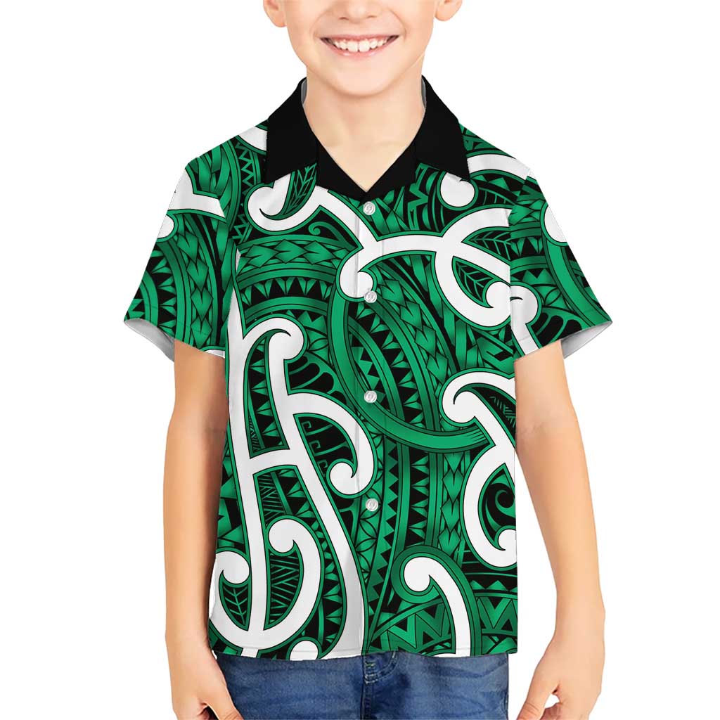 Aotearoa Maori Kowhaiwhai Family Matching Puletasi and Hawaiian Shirt Kakariki Puhoro and Patiki LT9 Son's Shirt Green - Polynesian Pride