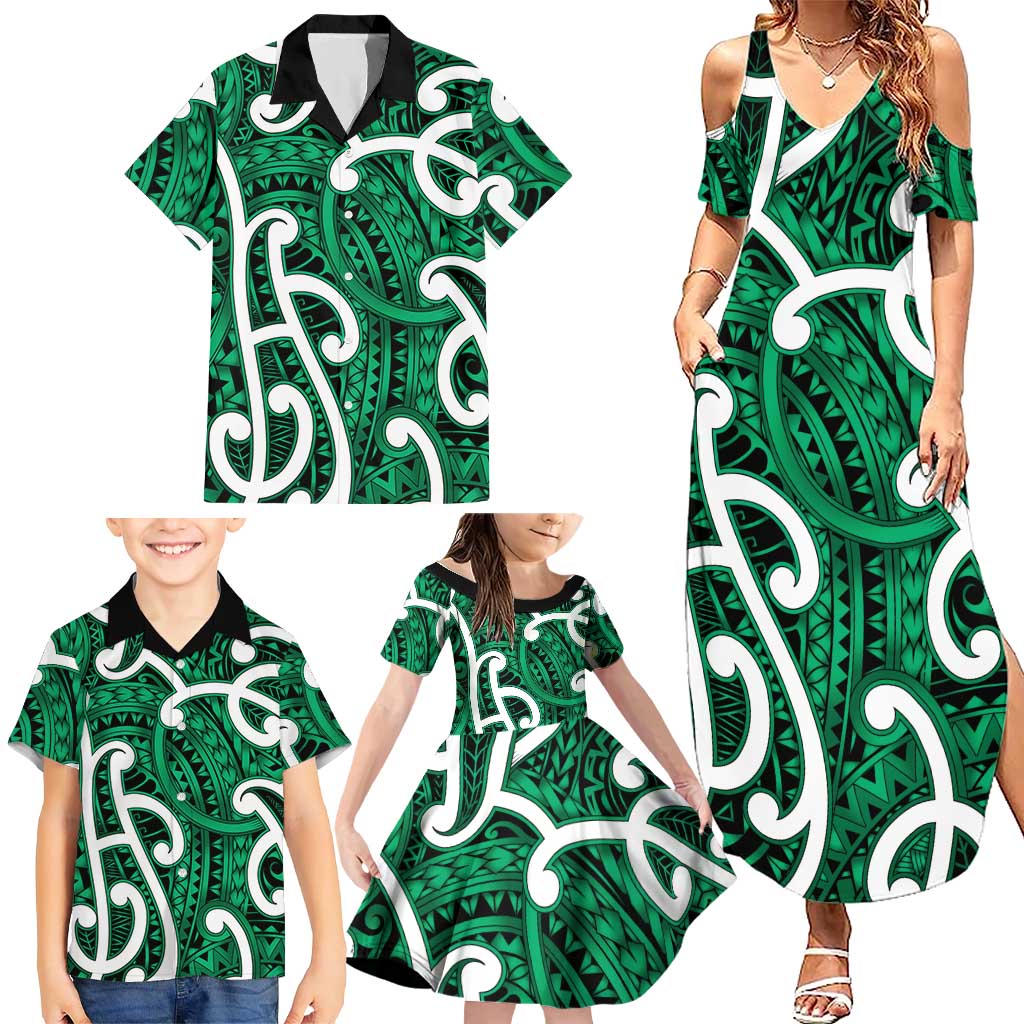 Aotearoa Maori Kowhaiwhai Family Matching Summer Maxi Dress and Hawaiian Shirt Kakariki Puhoro and Patiki LT9 - Polynesian Pride