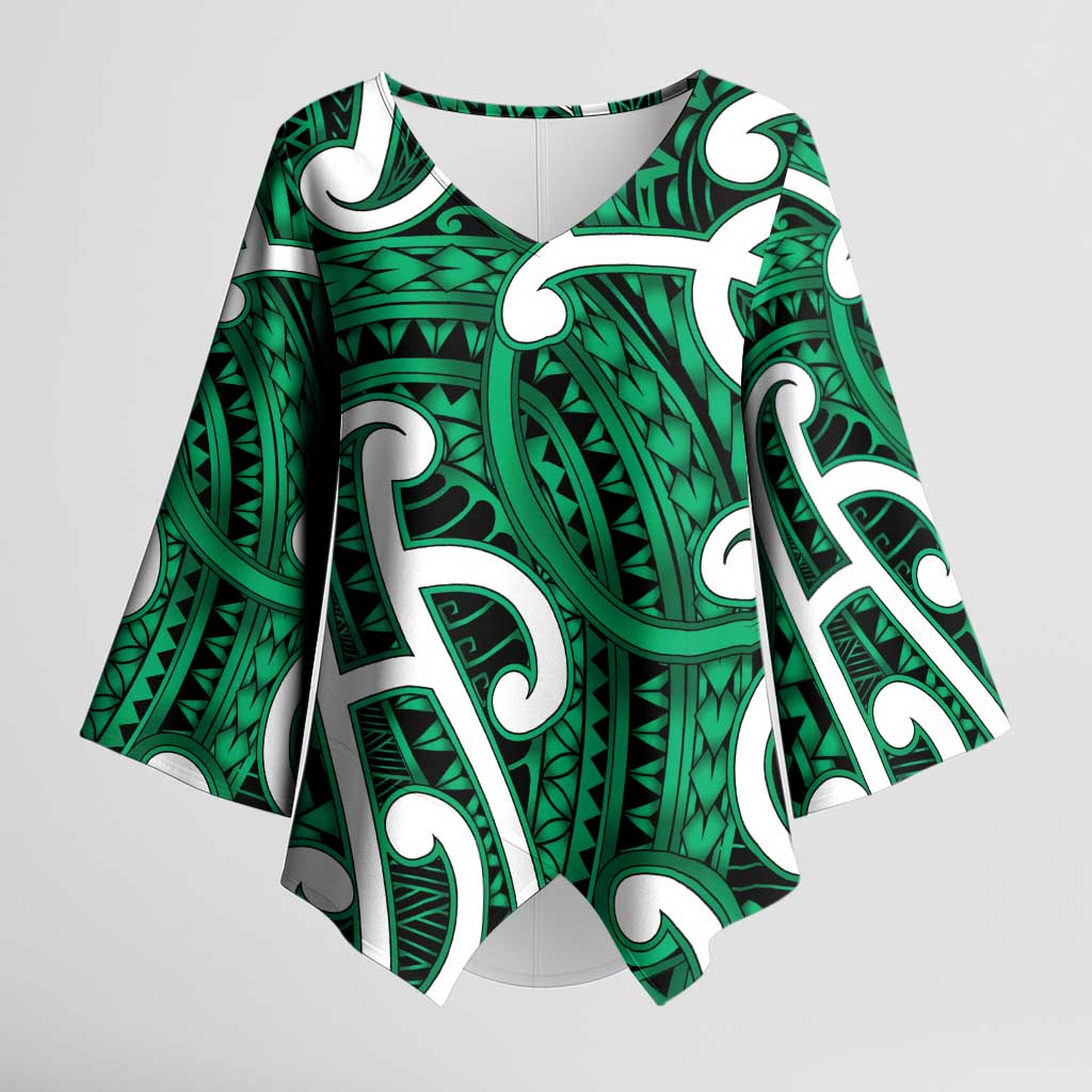 Aotearoa Maori Kowhaiwhai Kimono Sleeve Blouse Kakariki Puhoro and Patiki LT9 Female Green - Polynesian Pride