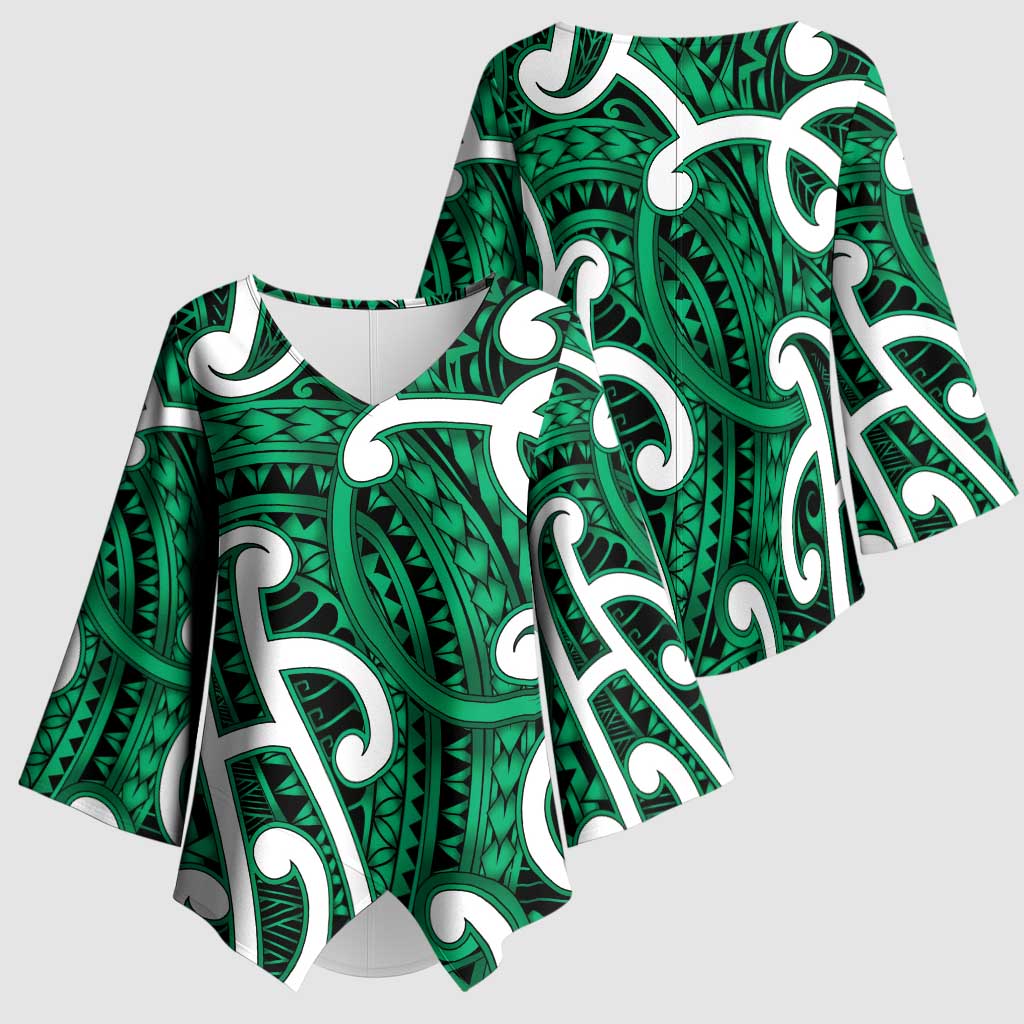 Aotearoa Maori Kowhaiwhai Kimono Sleeve Blouse Kakariki Puhoro and Patiki LT9 - Polynesian Pride