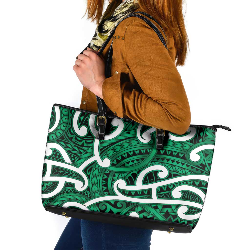 Aotearoa Maori Kowhaiwhai Leather Tote Bag Kakariki Puhoro and Patiki