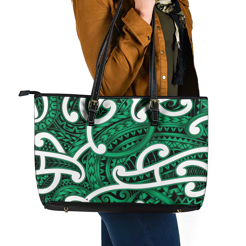 Aotearoa Maori Kowhaiwhai Leather Tote Bag Kakariki Puhoro and Patiki