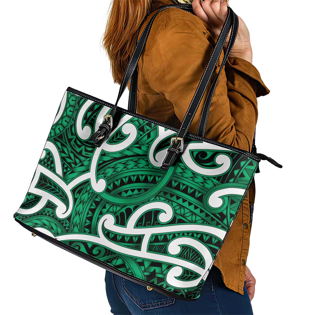 Aotearoa Maori Kowhaiwhai Leather Tote Bag Kakariki Puhoro and Patiki