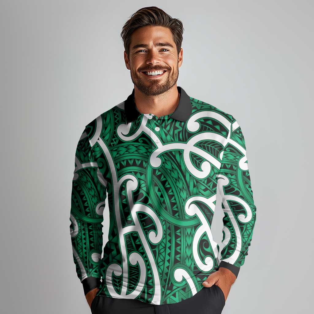Aotearoa Maori Kowhaiwhai Long Sleeve Polo Shirt Kakariki Puhoro and Patiki