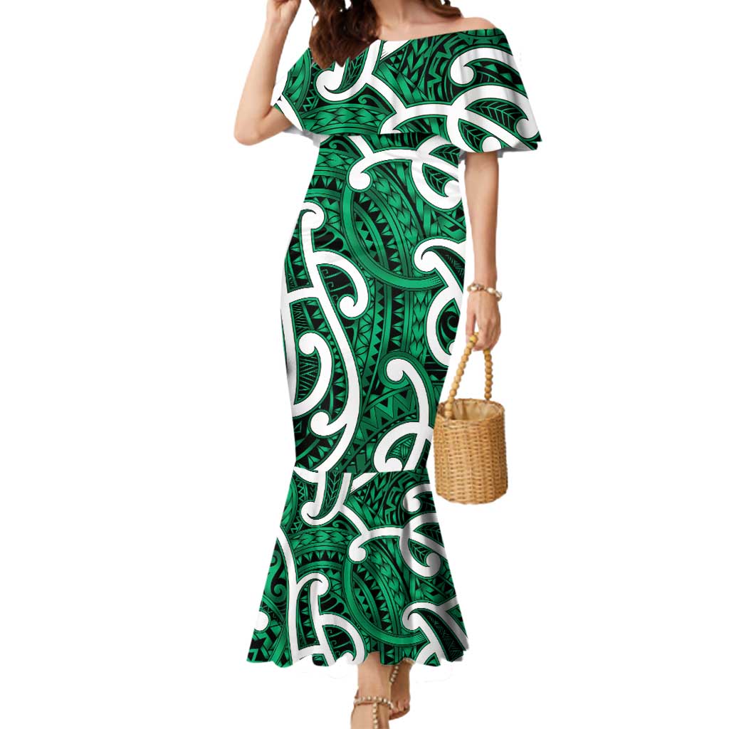 Aotearoa Maori Kowhaiwhai Mermaid Dress Kakariki Puhoro and Patiki