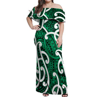 Aotearoa Maori Kowhaiwhai Off Shoulder Maxi Dress Kakariki Puhoro and Patiki LT9 Women Green - Polynesian Pride