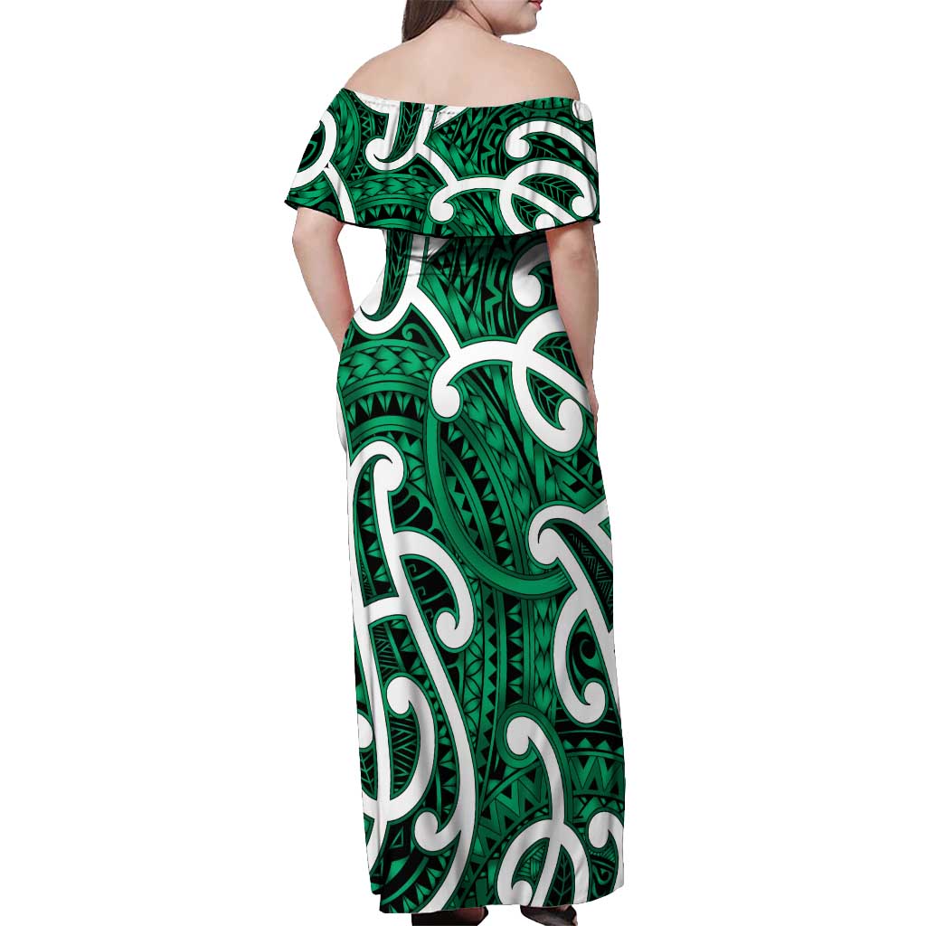 Aotearoa Maori Kowhaiwhai Off Shoulder Maxi Dress Kakariki Puhoro and Patiki LT9 - Polynesian Pride