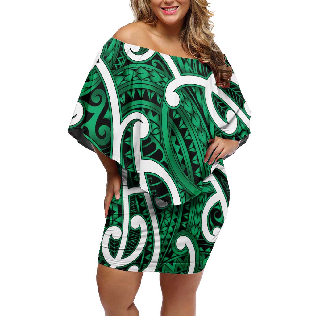 Aotearoa Maori Kowhaiwhai Off Shoulder Short Dress Kakariki Puhoro and Patiki LT9 Women Green - Polynesian Pride