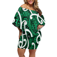 Aotearoa Maori Kowhaiwhai Off Shoulder Short Dress Kakariki Puhoro and Patiki LT9 Women Green - Polynesian Pride