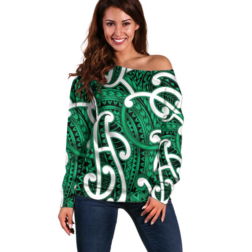 Aotearoa Maori Kowhaiwhai Off Shoulder Sweater Kakariki Puhoro and Patiki