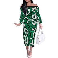 Aotearoa Maori Kowhaiwhai Off The Shoulder Long Sleeve Dress Kakariki Puhoro and Patiki LT9 Women Green - Polynesian Pride