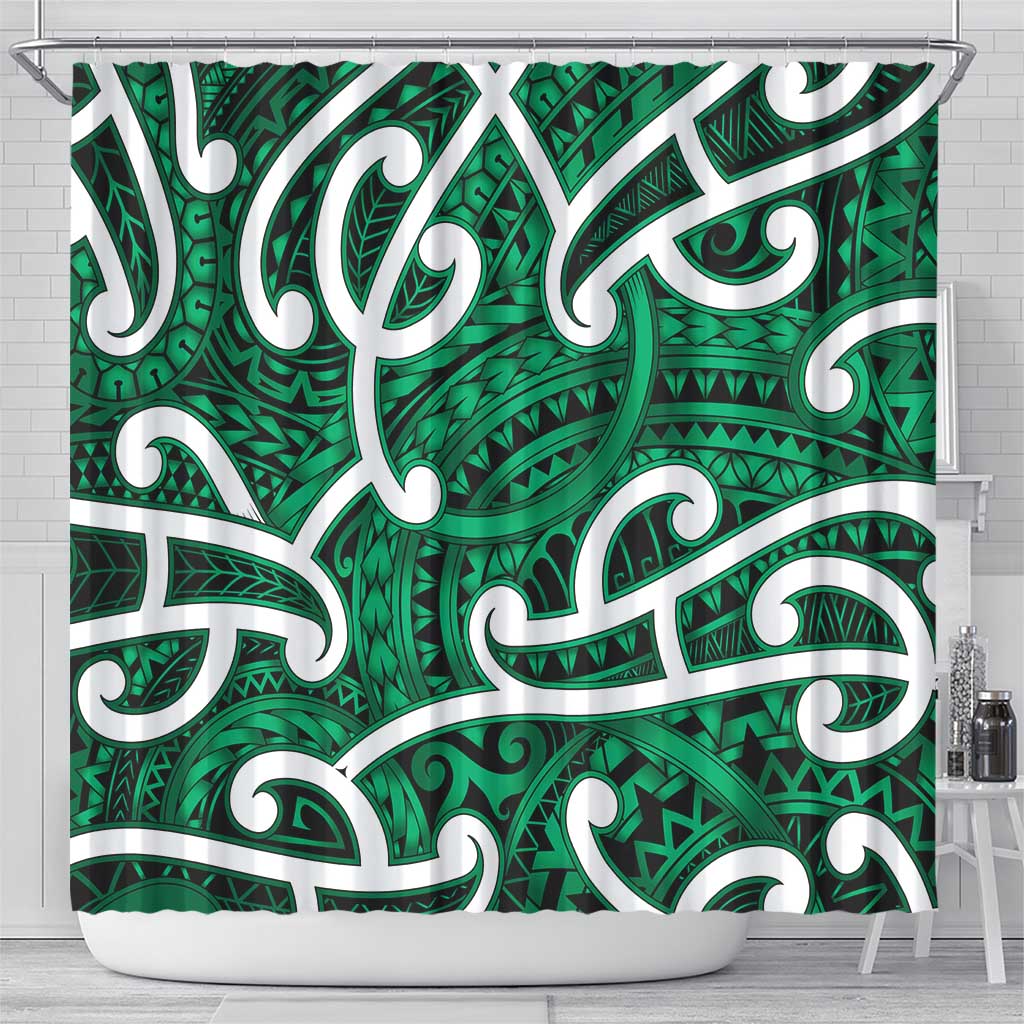 Aotearoa Maori Kowhaiwhai Shower Curtain Kakariki Puhoro and Patiki