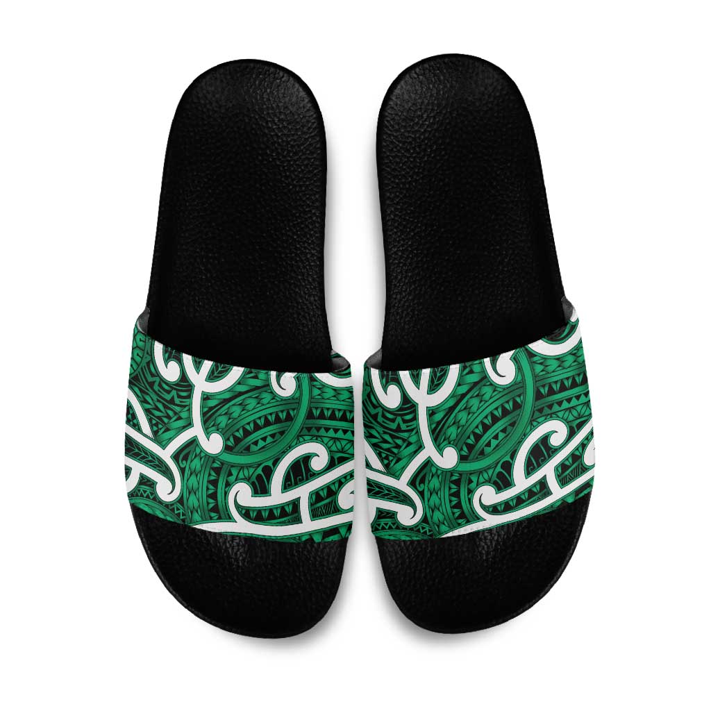 Aotearoa Maori Kowhaiwhai Slide Sandals Kakariki Puhoro and Patiki LT9 Green - Polynesian Pride