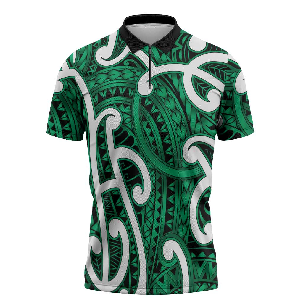 Aotearoa Maori Kowhaiwhai Zipper Polo Shirt Kakariki Puhoro and Patiki