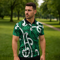 Aotearoa Maori Kowhaiwhai Zipper Polo Shirt Kakariki Puhoro and Patiki