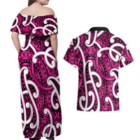 Aotearoa Maori Kowhaiwhai Couples Matching Off Shoulder Maxi Dress and Hawaiian Shirt Mawhero Puhoro and Patiki